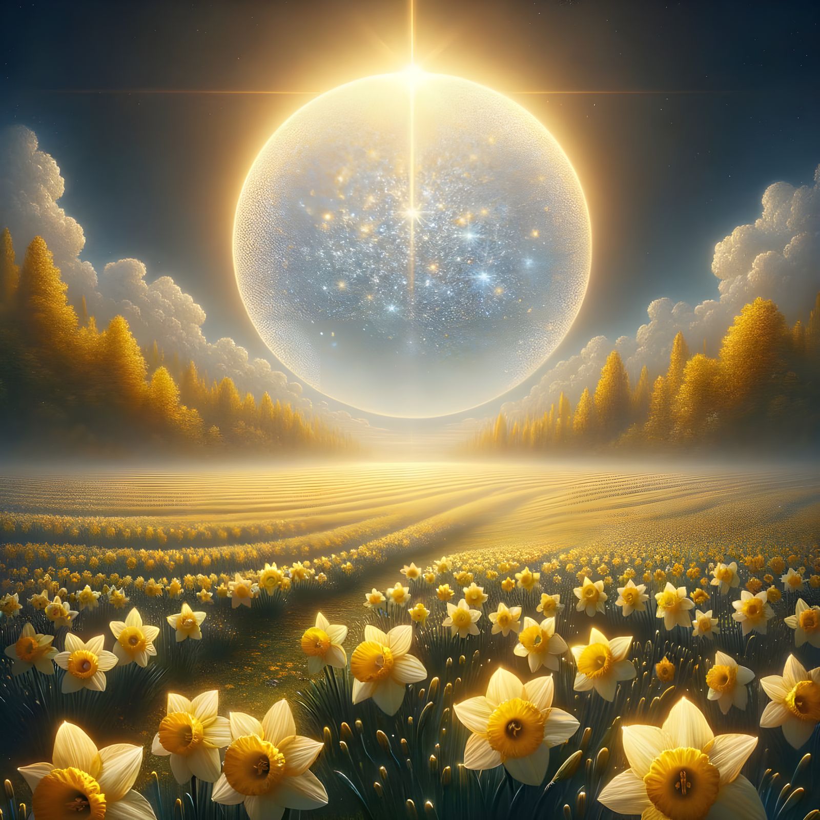 Radiant Sun Over Daffodil Field: Romantic Oil Painting