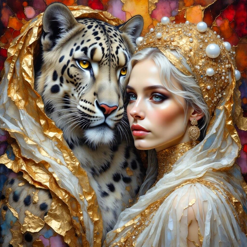 Snow Leopard and Woman in Dreamy Neurographic Art