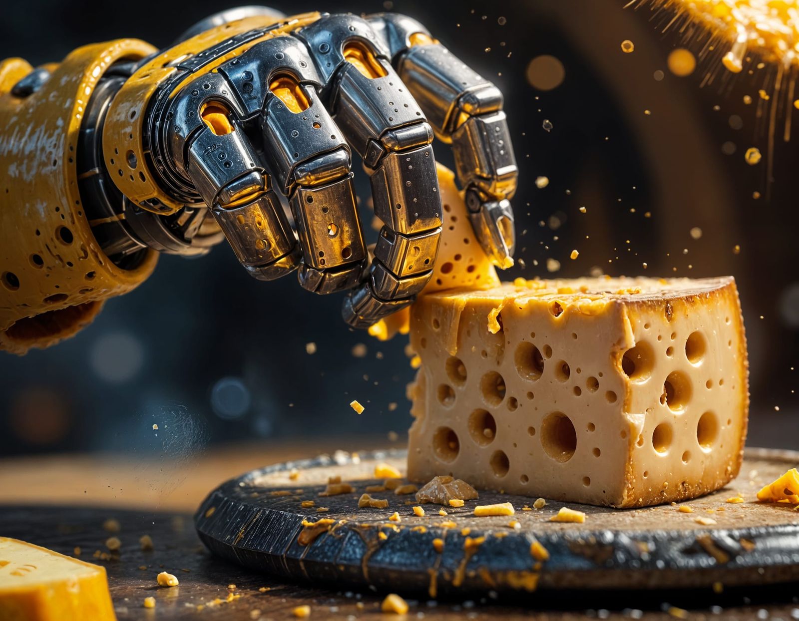 Robotic Fist Punches Cheese Wheel in Oil Painting