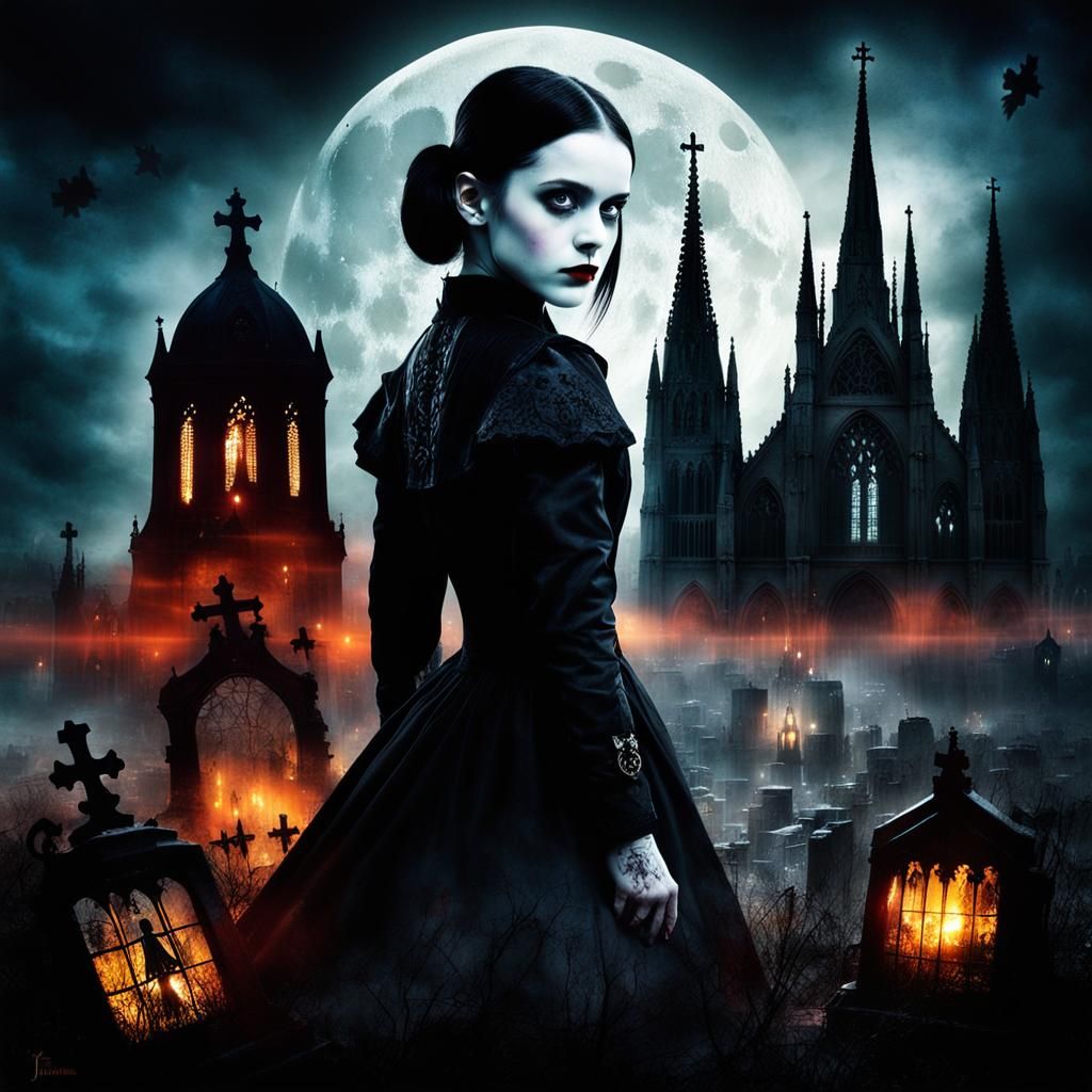 Gothic art style, Wednesday Addams in a gothic graveyard