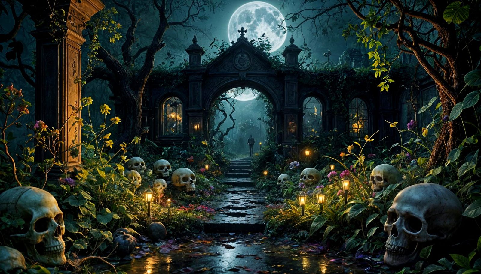 Creepy Garden at Night: Oil Glazing Fine Art