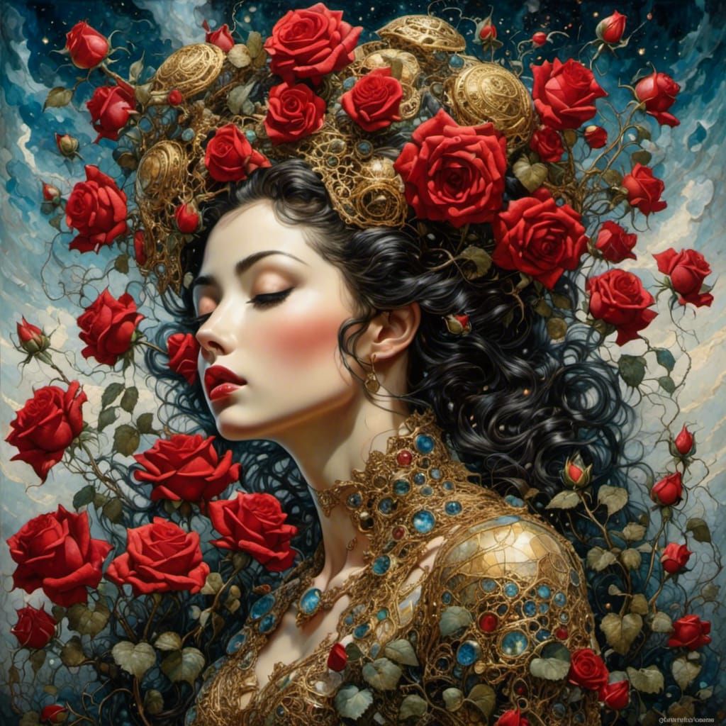 Surreal Woman Smelling Roses