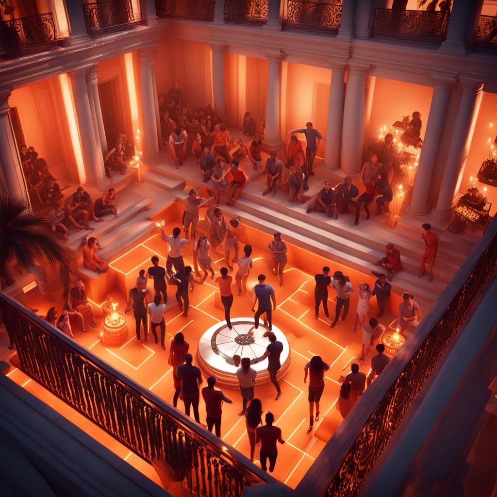 Orange Party in Luxurious Mansion, 3D Render