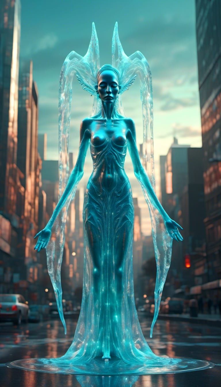 Ethereal Alien Goddess in Cyan Hologram