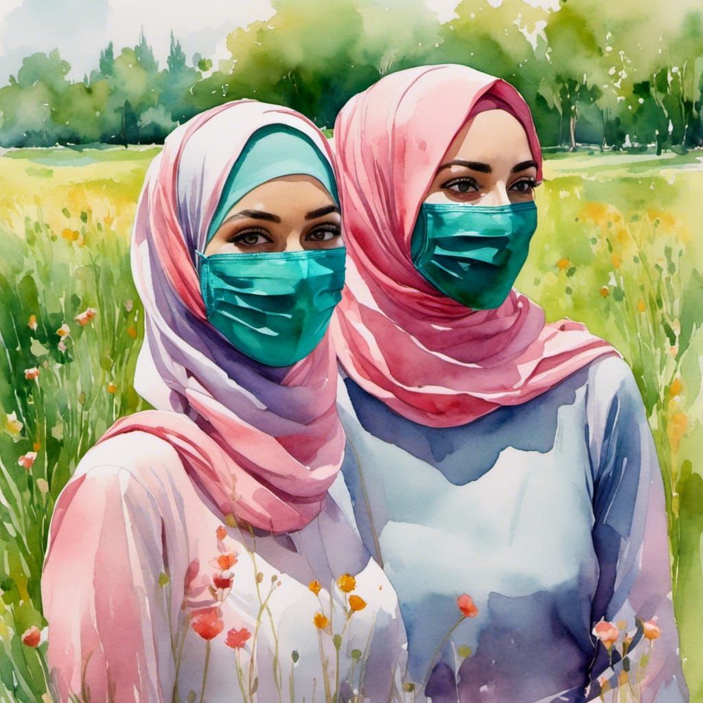 Watercolor Portrait of Two Hijab-Clad Women