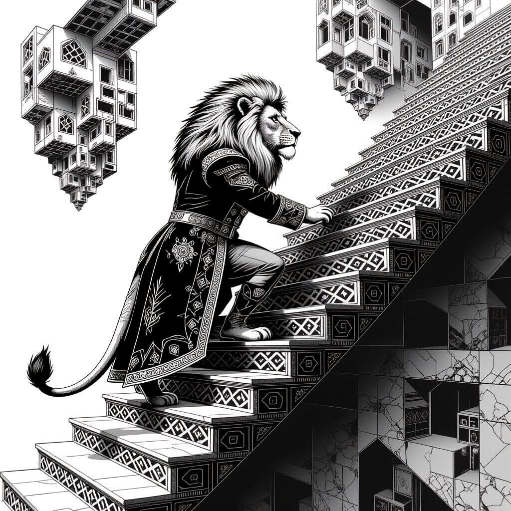 Surreal Lion Climbs Escher-esque Staircase