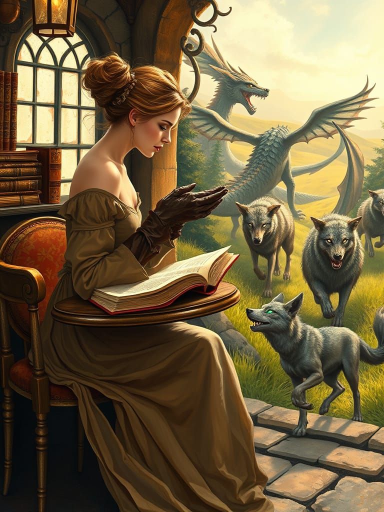Medieval Fantasy Woman Reads in Whimsical Cafe Scene
