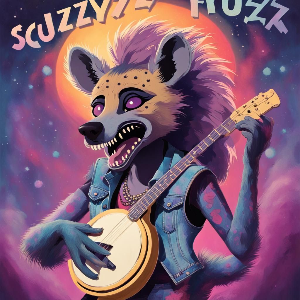 Retro Album Art of Furry Hyena Rocking Out