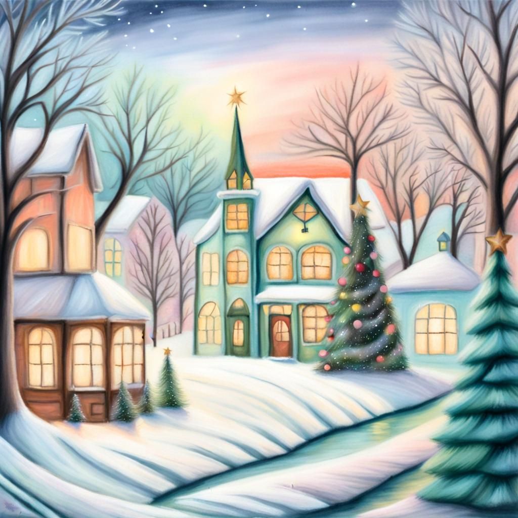 Whimsical Christmas Scene in Soft Pastels