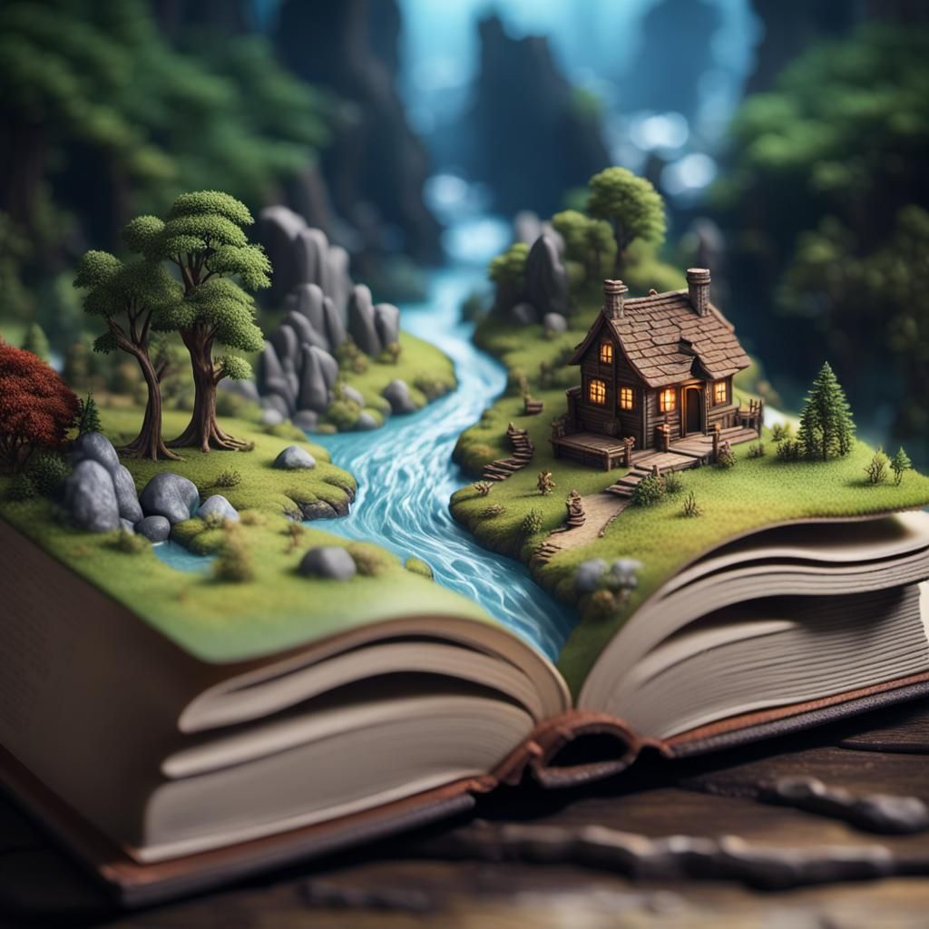 opened book with a river flowing in the middle, small tiny d...