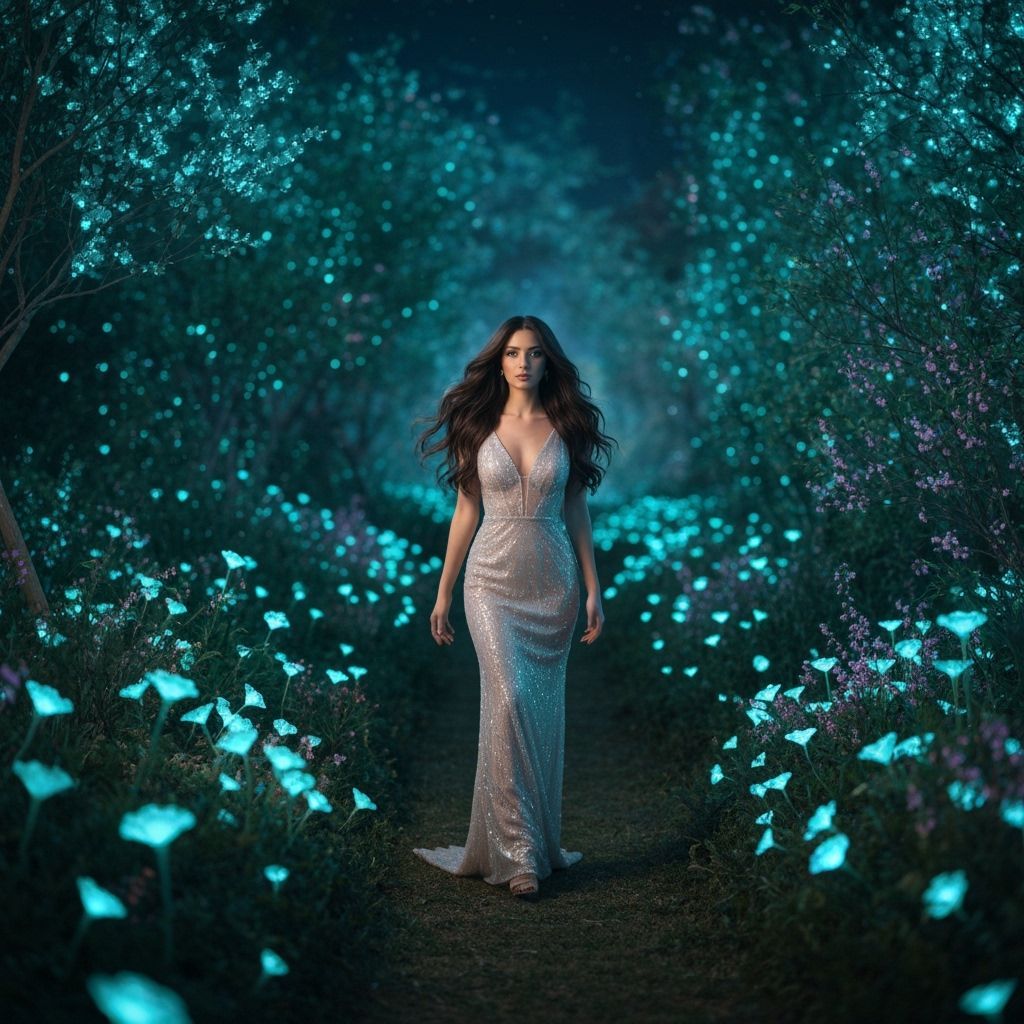 Stunning Woman in Bioluminescent Magical Garden at Night