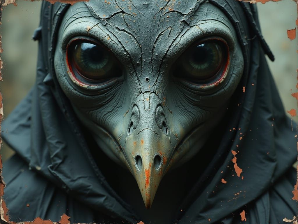 Haunting Crow Face with Intricate Patterns in Moody Sci-Fi S...