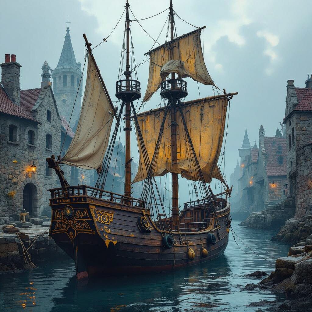 Majestic 1700s Sailing Boat in Ancient Harbor
