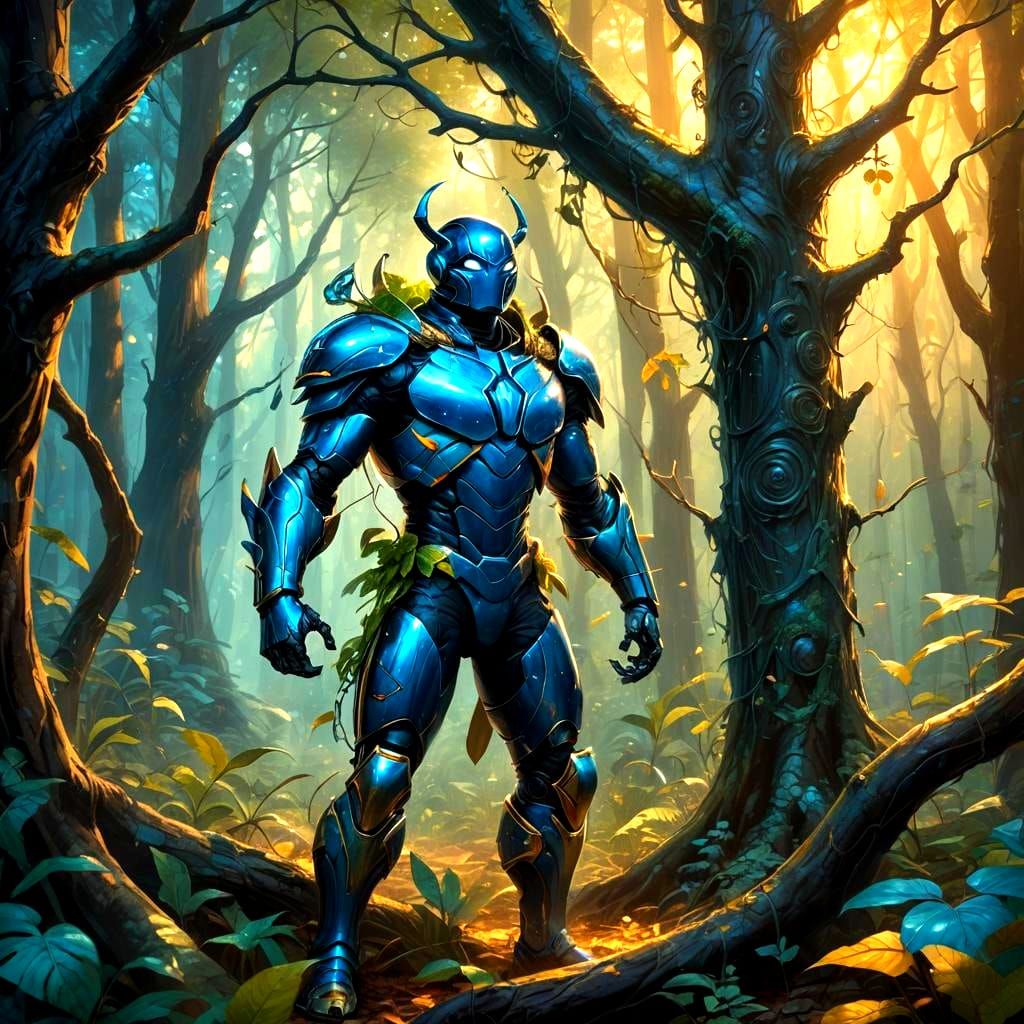 Blue Beetle Hero in Detailed Matte Painting