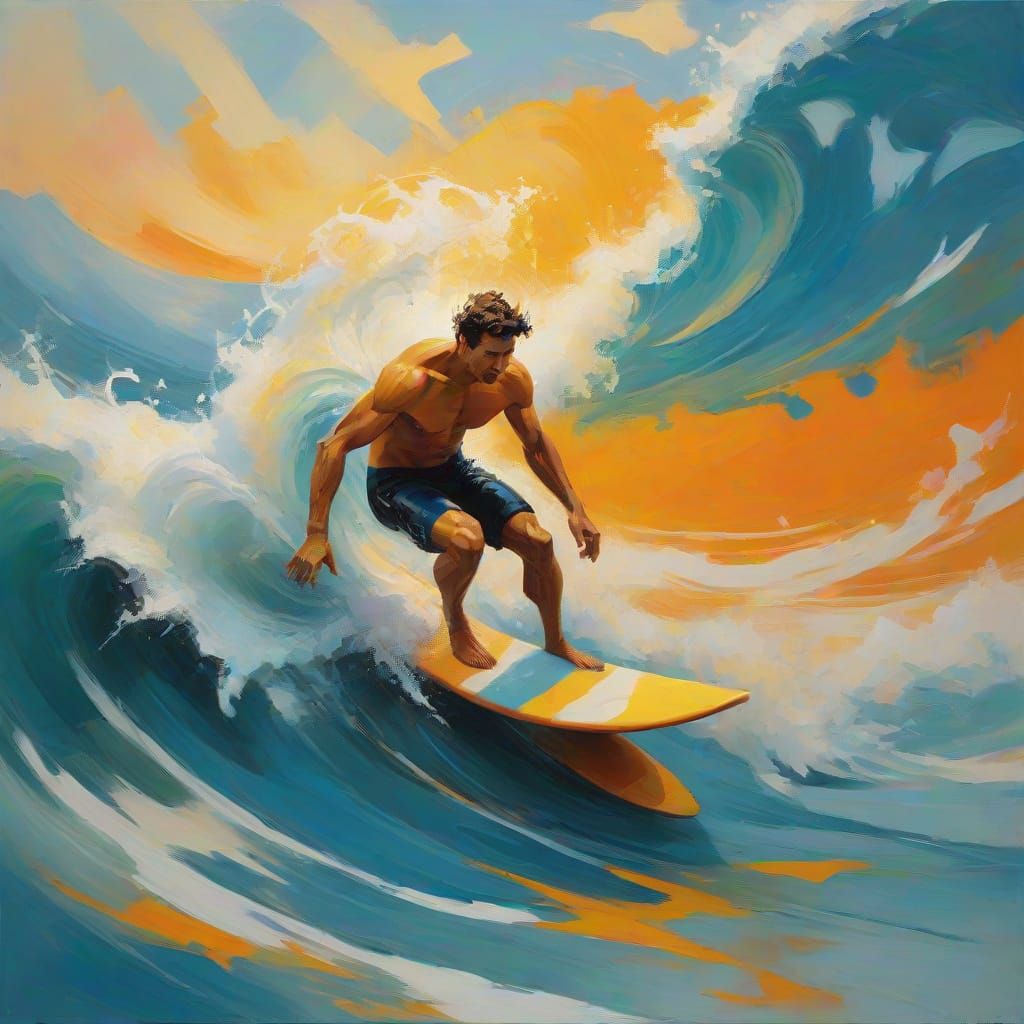 Surfer Riding Miami Waves in Abstract Expressionist Style