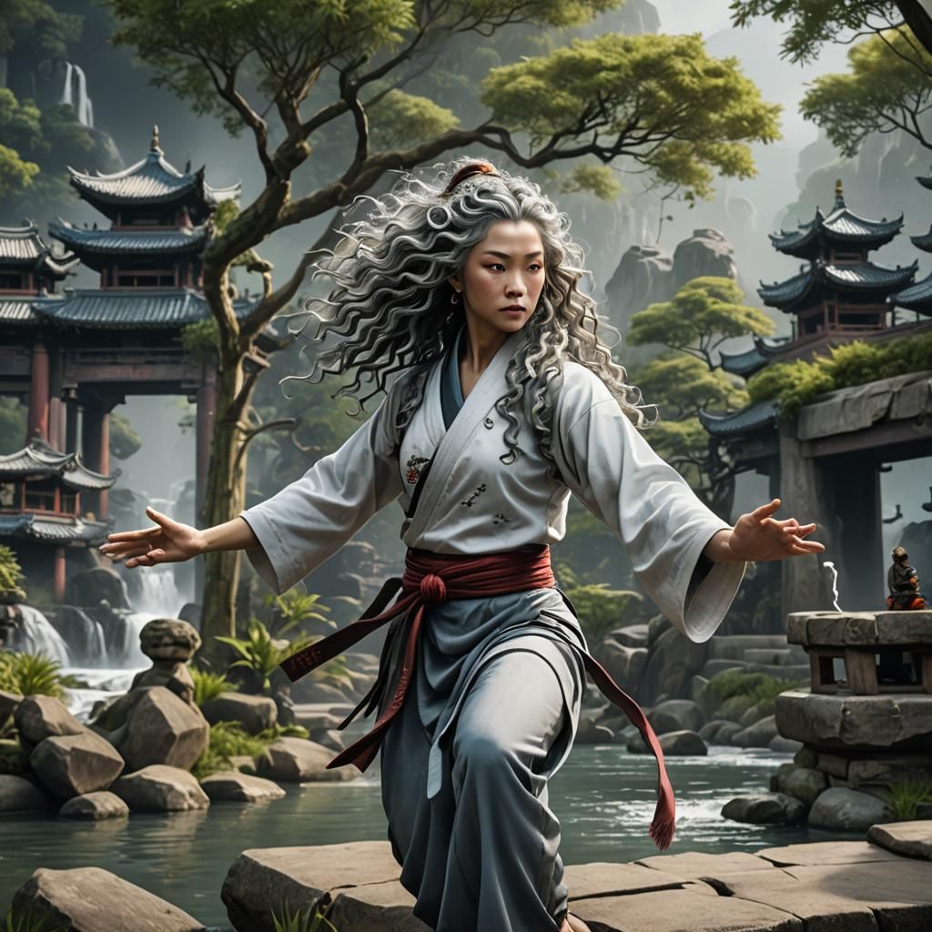 Kung Fu Woman Training with Monkey Statue