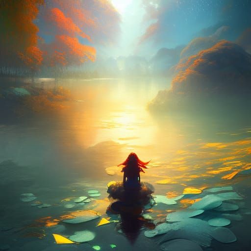 Anime Balloons Floating Over River in Digital Illustration