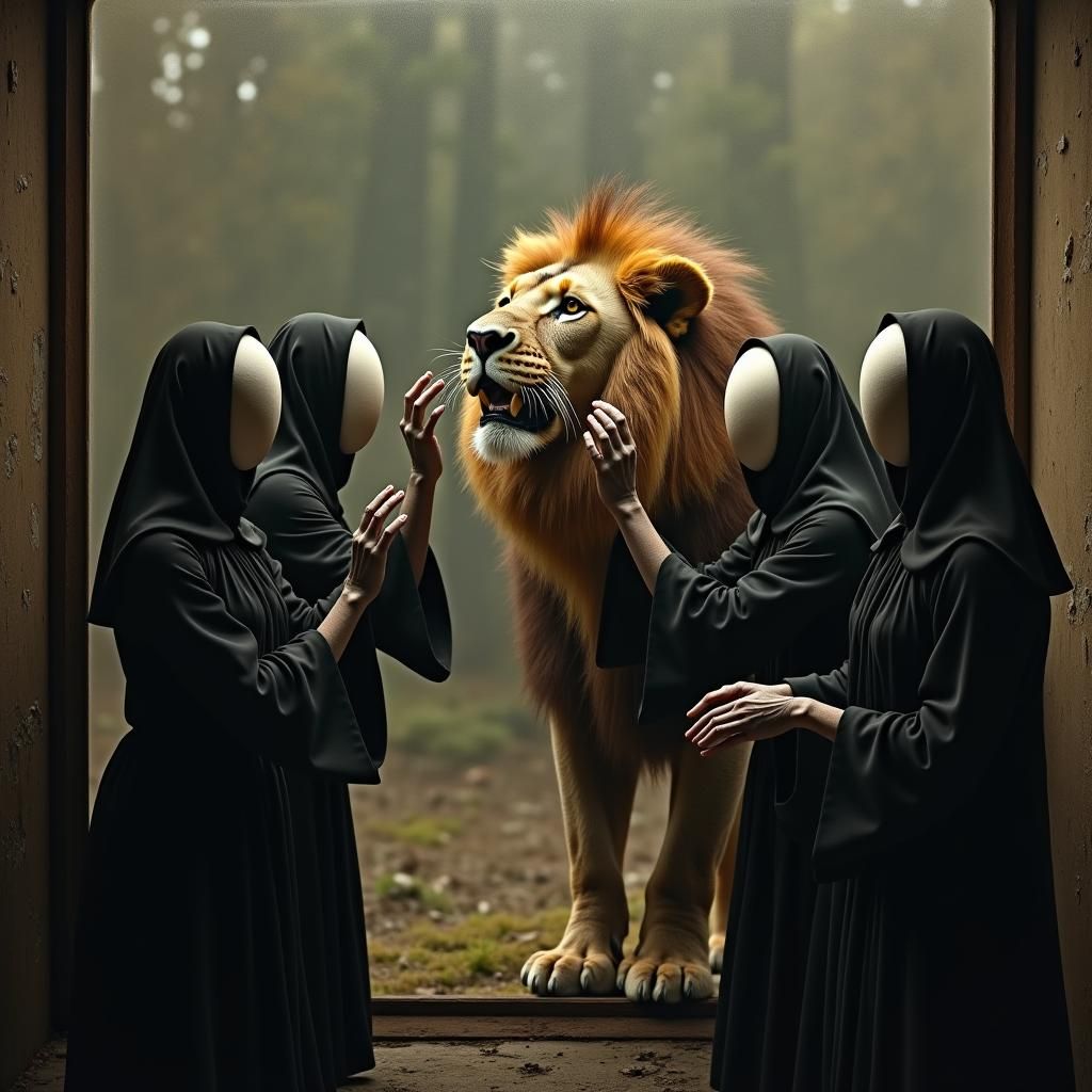 Witches and Lion: A Vintage Photograph