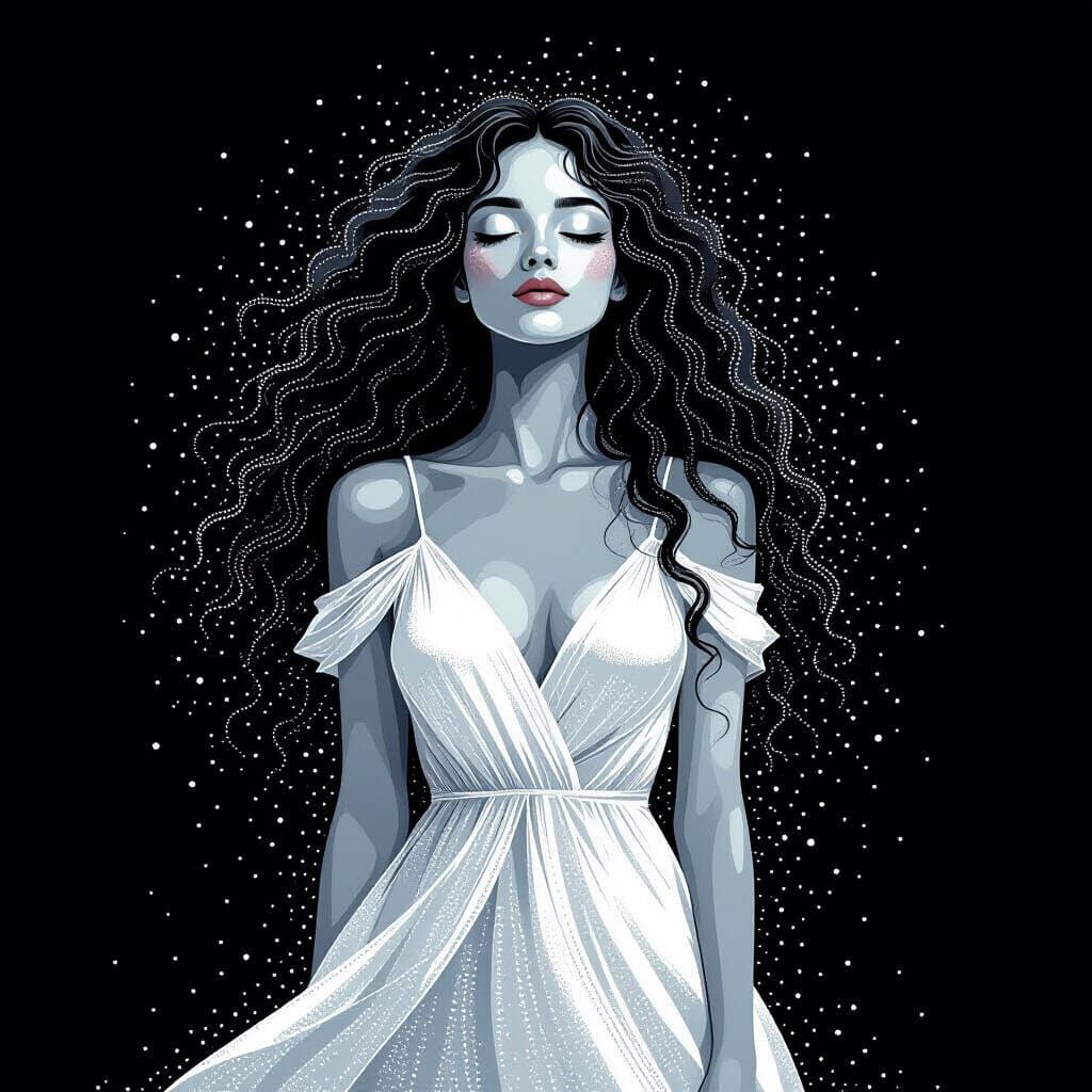 Ethereal Woman Formed From Luminous Dots in Pointillism