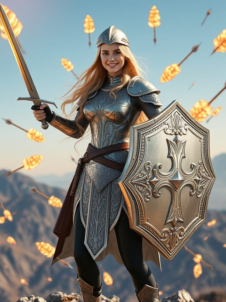 Smiling Woman Warrior on Mountaintop in Silver Armor