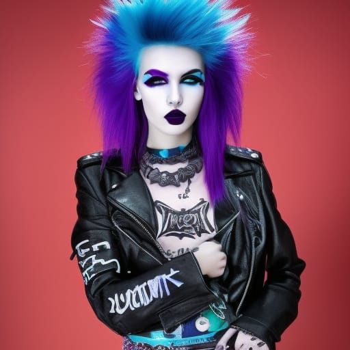 Beautiful punk rock Young lady with vibrant purple Mohawk& Beautiful blue eyes& smoky black eyeshadow& smoky black eyeli...