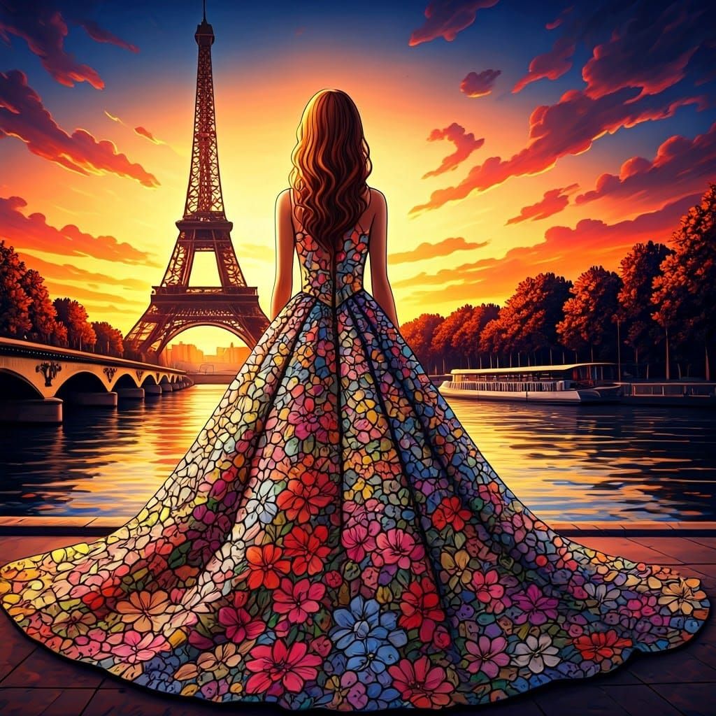 Woman in Stained Glass Floral Gown Standing by Serene Water ...