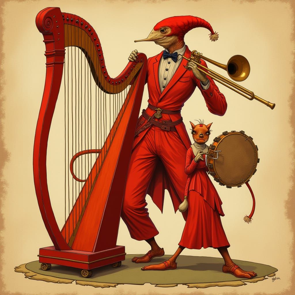 Red Figure Plays Instruments in Art Nouveau Style