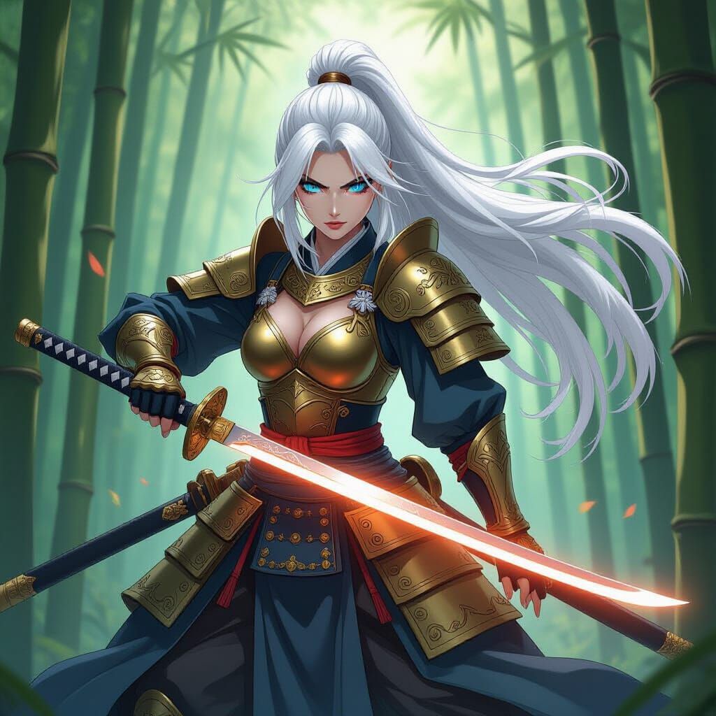 Anime Samurai Ready for Battle in Bamboo Forest