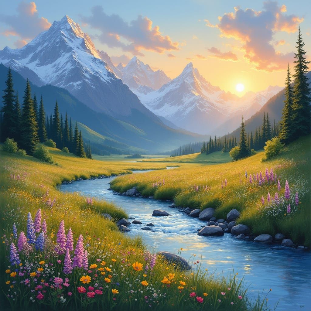 Serene Wildflower Landscape Under Golden Sunset