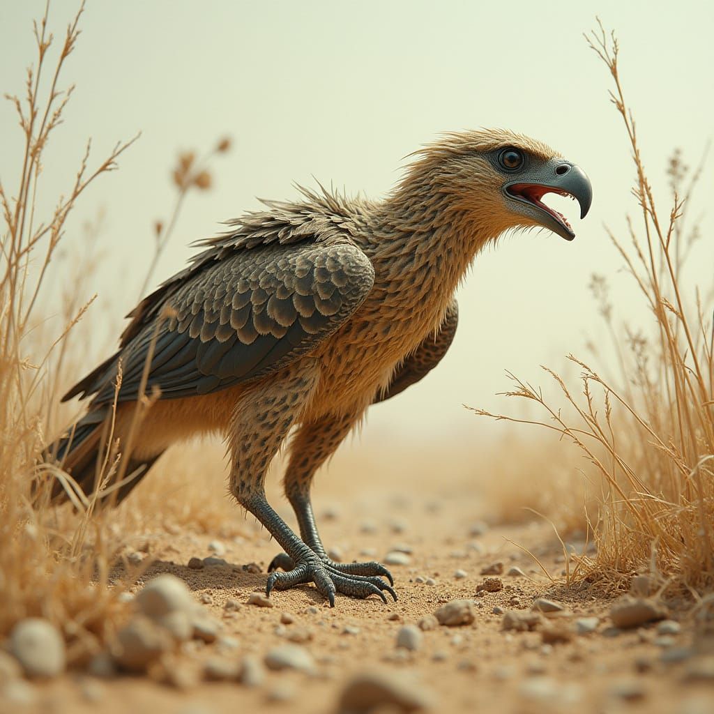 Dry Desert Landscape with Eagle-Like Bird in Stealth Mode