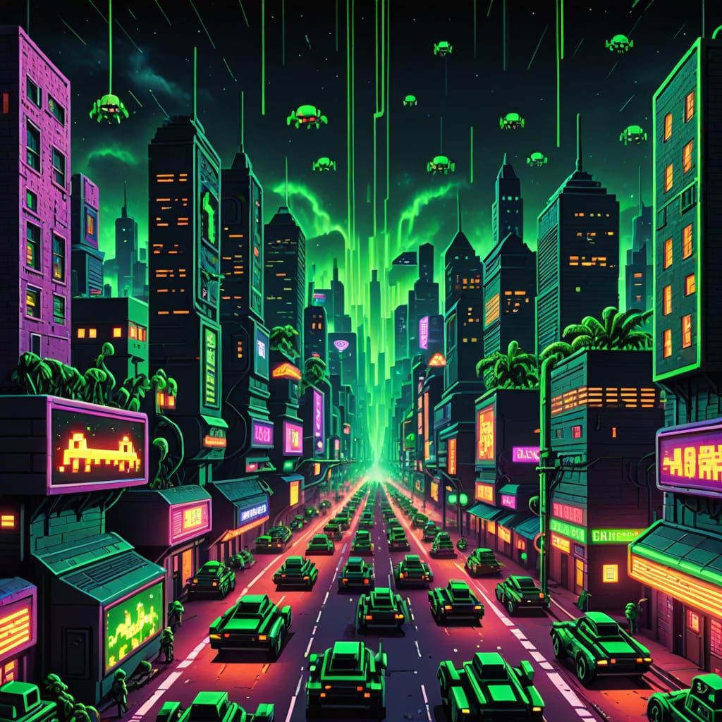 Space Invaders Invade a Neon City in Pixel Art