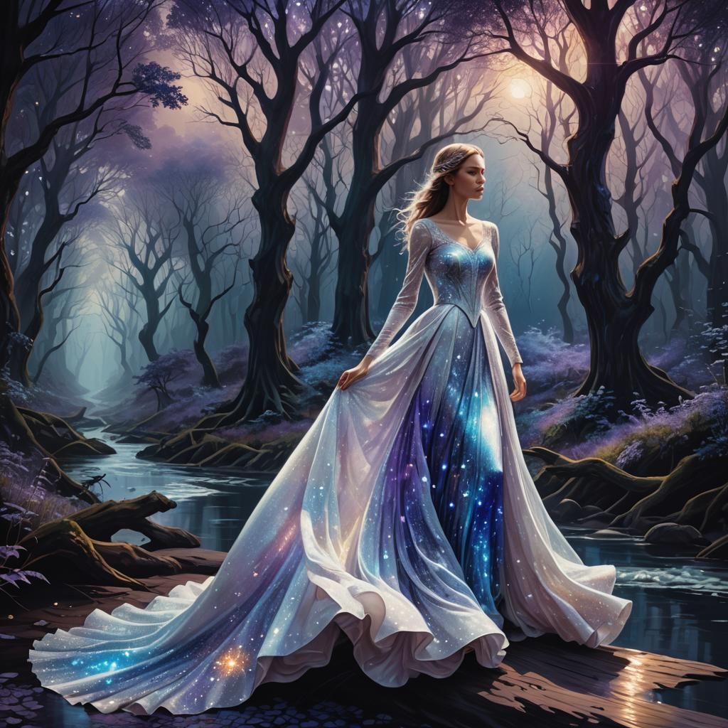 Mysterious Lady in Glitter Dress Walking in Forest