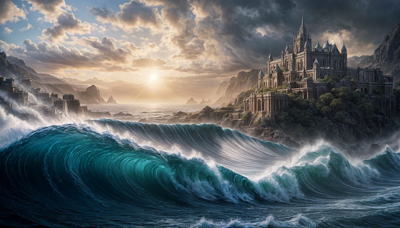 Epic Sunrise Digital Painting: Tidal Wave in Cinematic Style