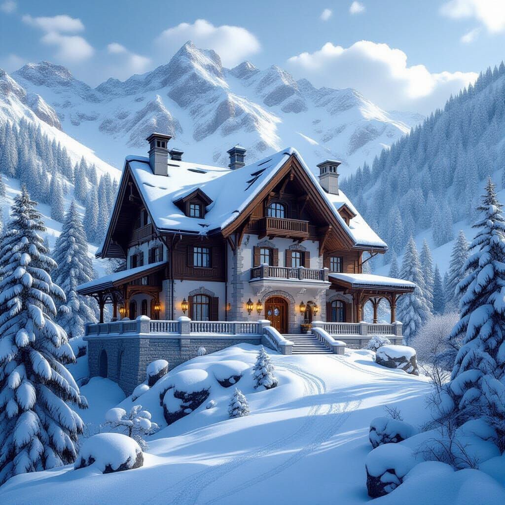 Cozy Mountain Home in Snowy Winter Landscape