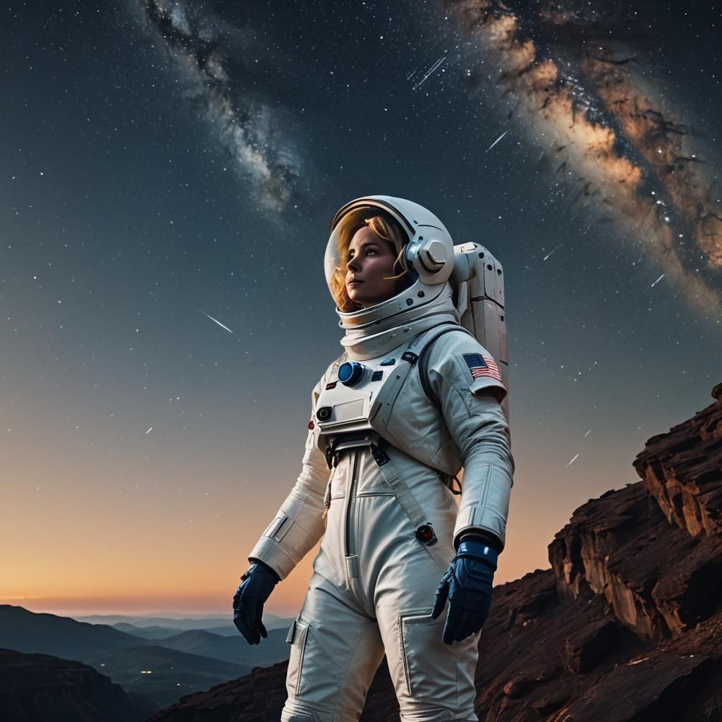 Woman in Spacesuit Gazing at Starry Universe