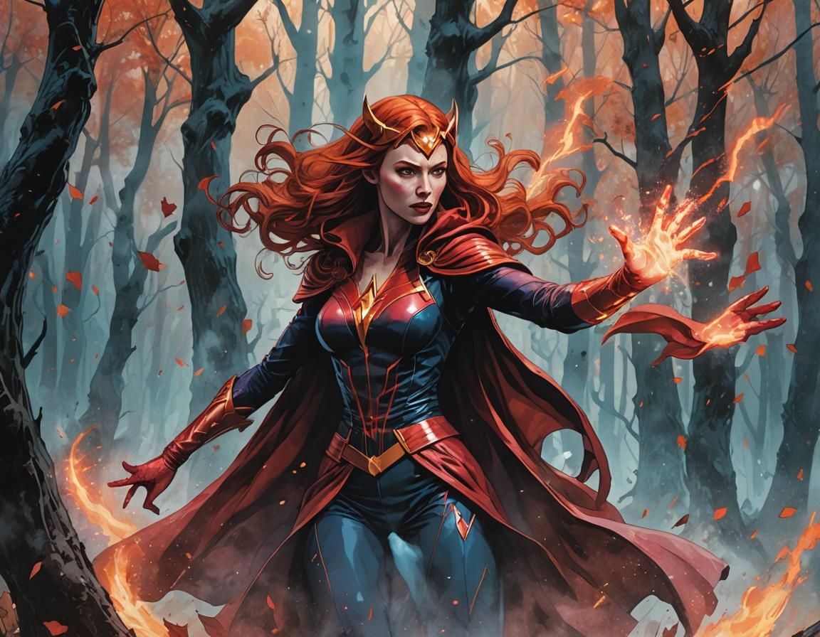Scarlet Witch Casting Spell in Comic Book Art Style