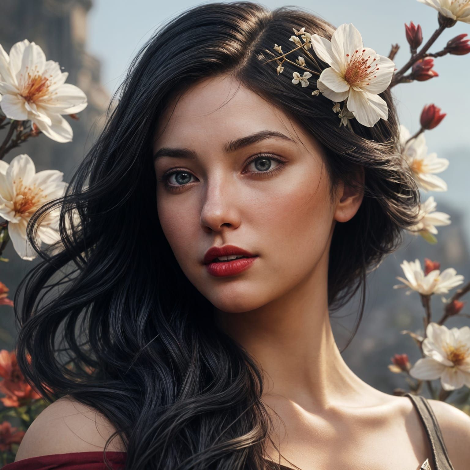 Enchanted Fantasy Portrait of a Woman with Black Hair and Fl...