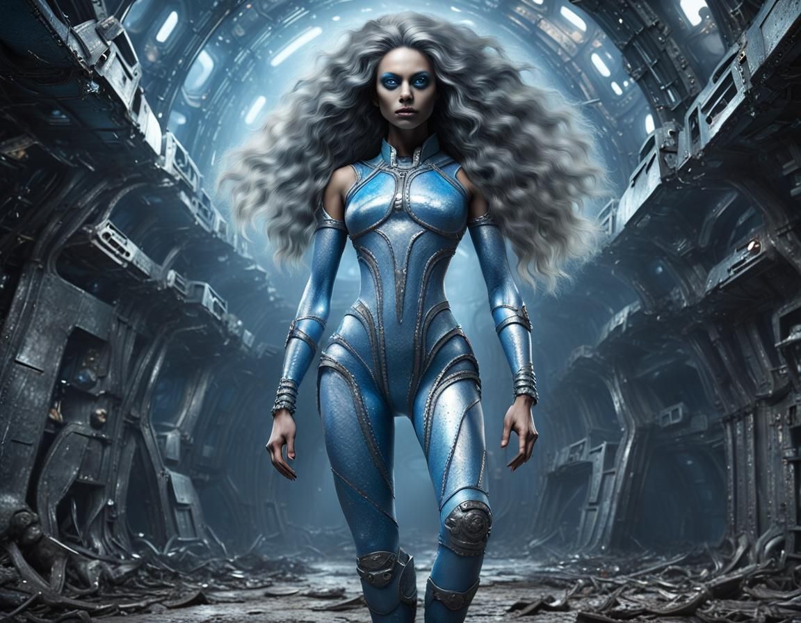 Alien Woman in Wrecked Spaceship, Photorealistic Style