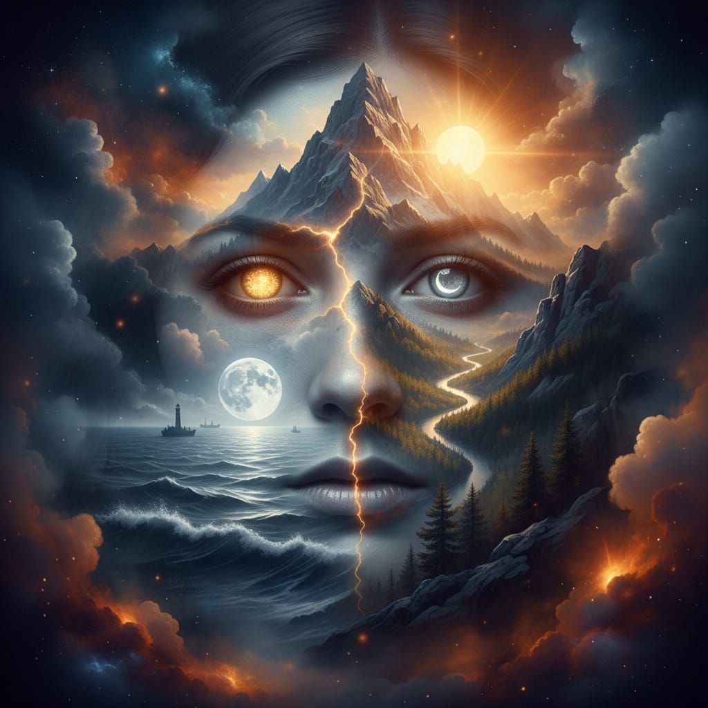 Surreal Double Exposure: Woman's Face Merges Mountain and Oc...