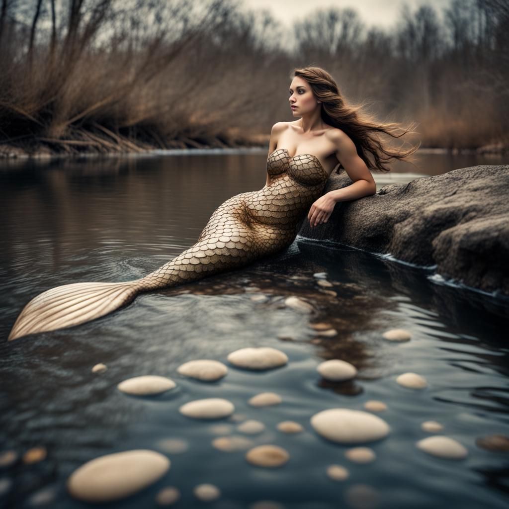 Beige Mosaic Mermaid in Winter River, Hyperrealistic