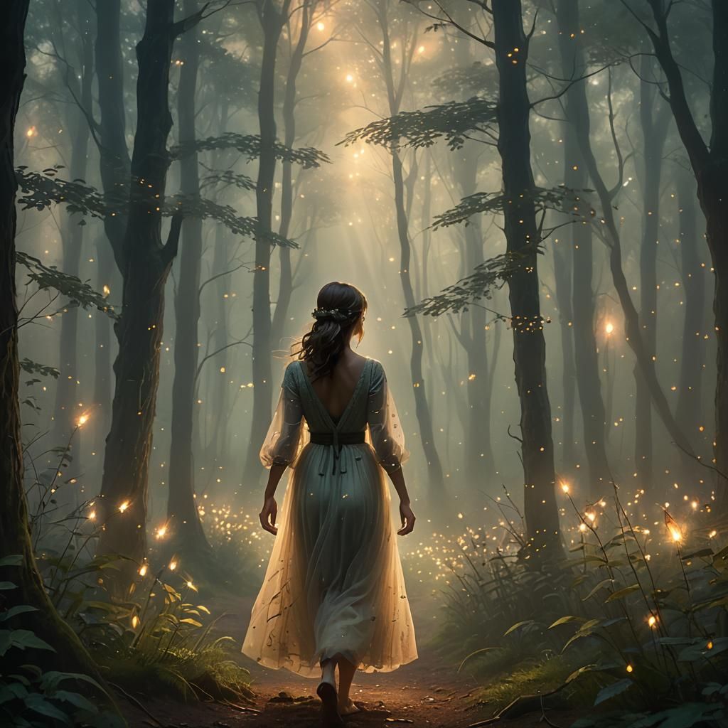 Ethereal Fantasy: Figure in Mist-Shrouded Woods
