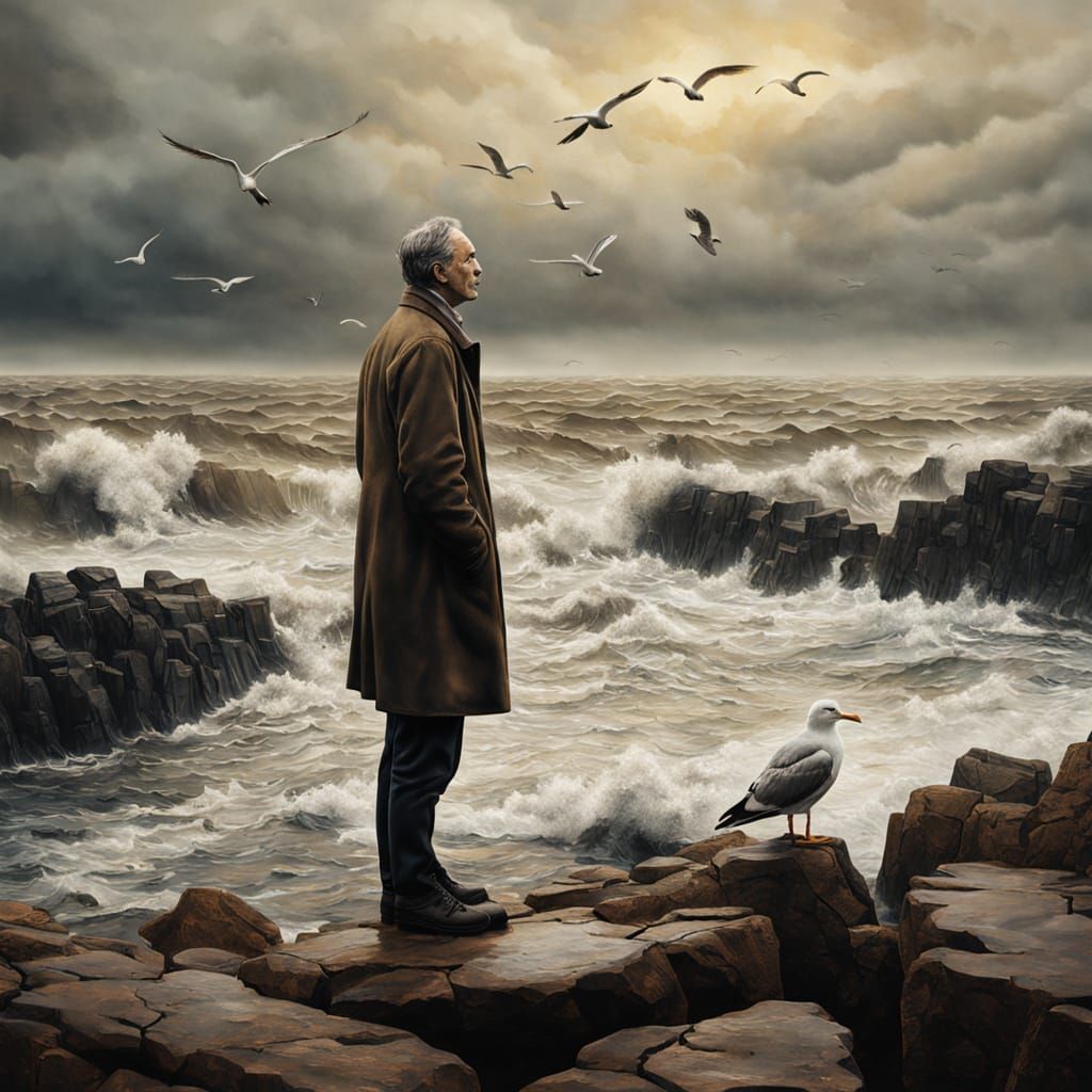 Melancholic Figure on Rocky Coast in Oil Painting Style