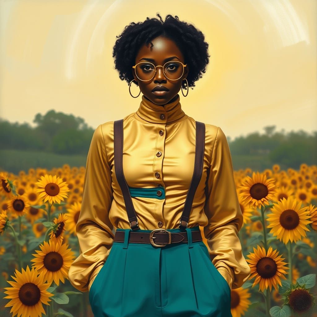 Portrait of Woman in Sunflower Field, Bold Brushstrokes