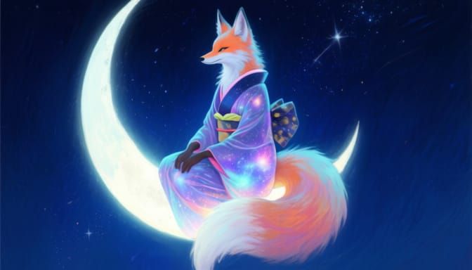Ethereal Kitsune on Crescent Moon in Dreamy Style
