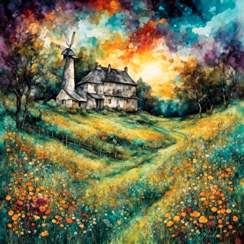 Farmhouse Scene in Dark Fantasy Splatter Style