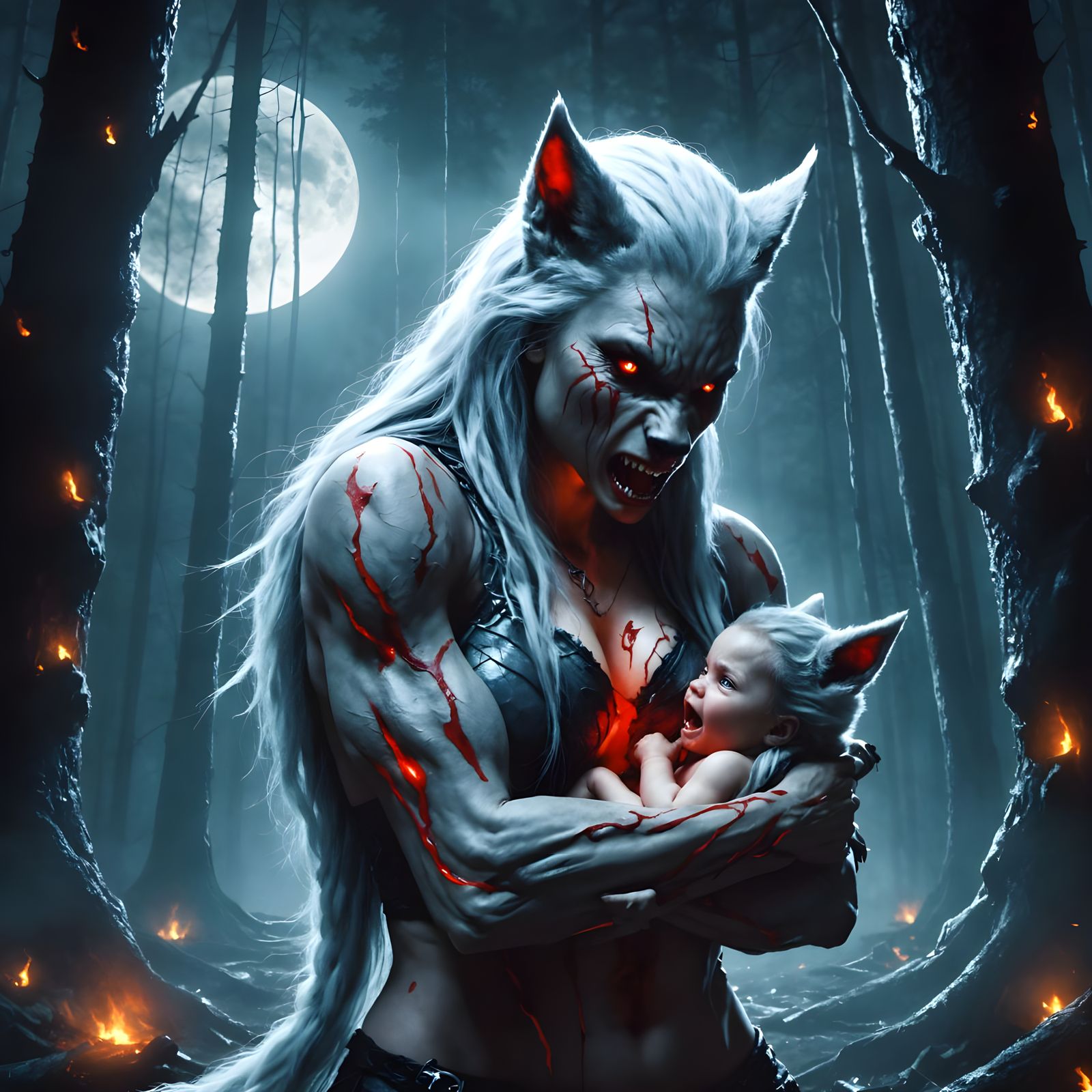 Fierce Mother Werewolf in Dark Forest