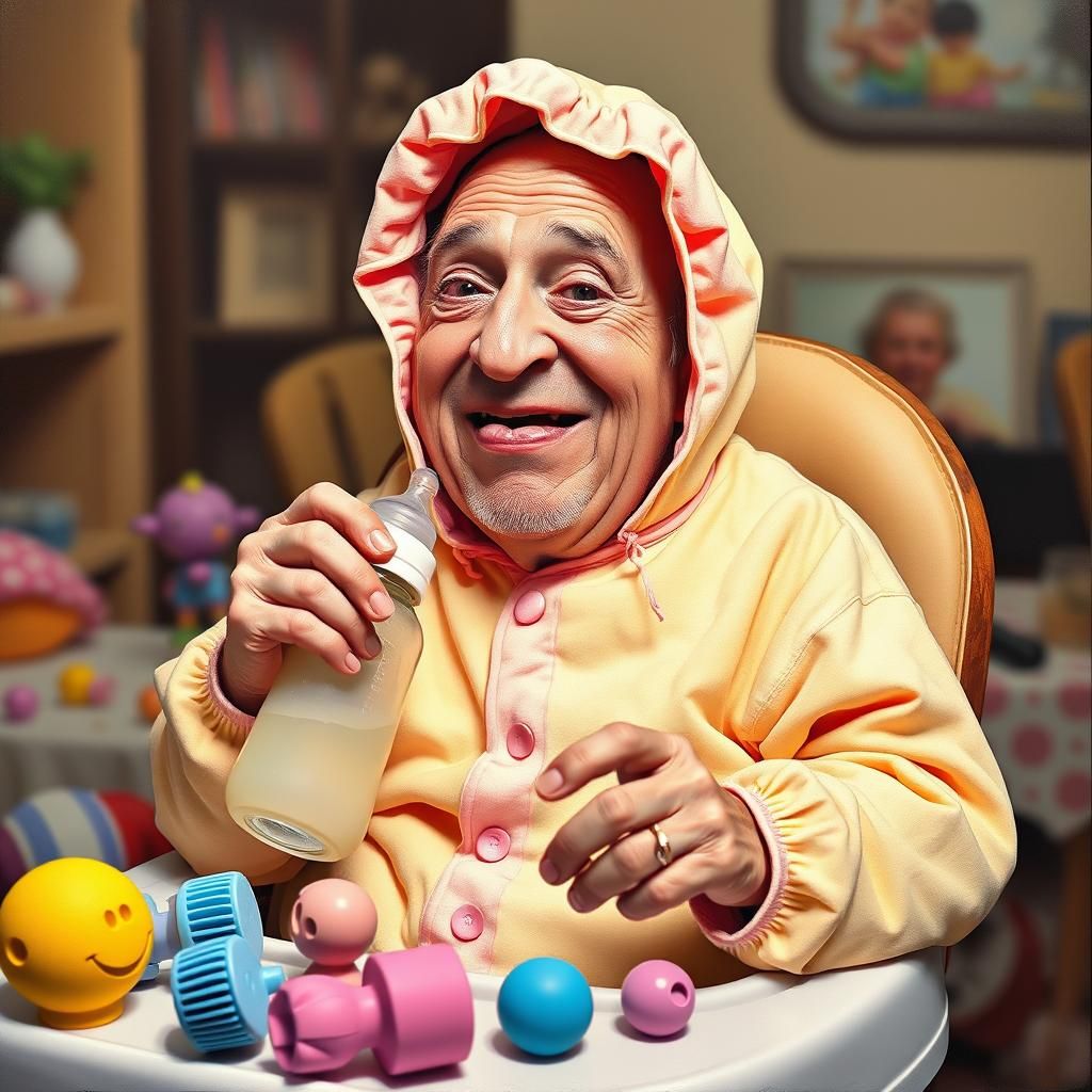 Comical Old Man as Baby, Satirical Oil Painting