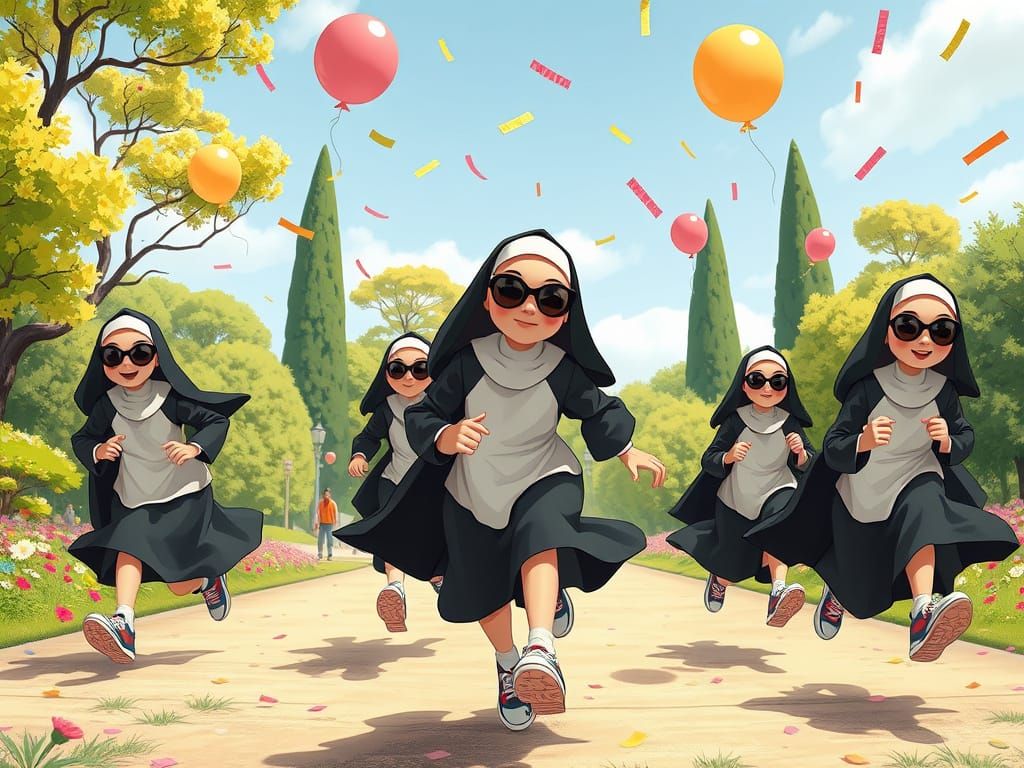 Lighthearted Nuns in Colorful Chaos