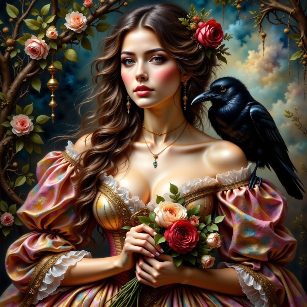 Victorian Lady with Raven in Hyperkraximalismus Style