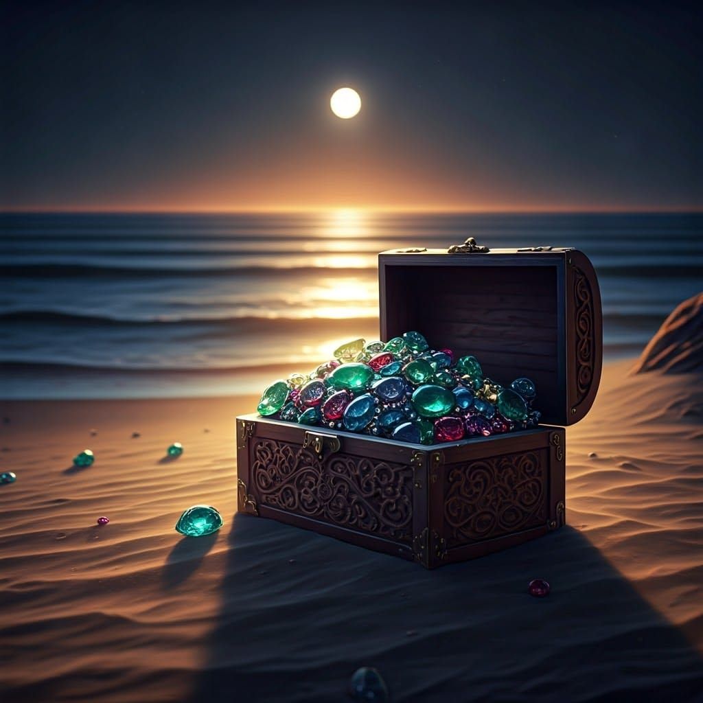 Exotic Treasure Trove on Golden Beach at Moonlit Sea
